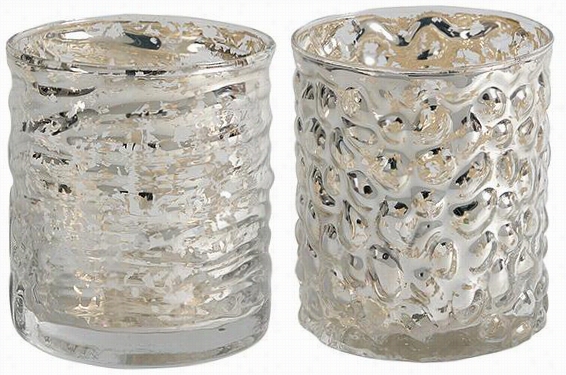 Evora Mercury Glass Candle Holders - Set Of 2 - Short, Mercury Glass