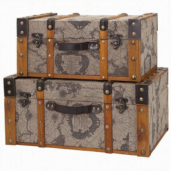 Goddard Trunks - Set Of 2 - 7""hx16""wx11"&qout;d, Antiqued Maps Printed  In Lien W/wood & Irron Trimx