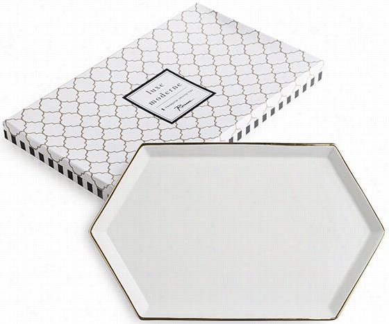 Luxe Moderne Hexaognal Tray - .75""hx13""wx7.7""d, Gold/white