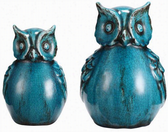 Owls - St Of 2 - Set Of 2, Cyan Blue