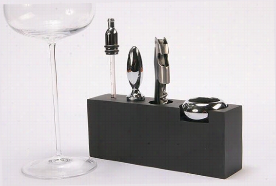 5-piece Wine Accessory Set With Woooden Stand - Wine Set, Blackk