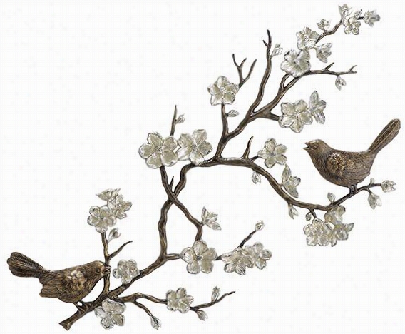 Birds And Cherry Blossom Wall Scultture - 18&uot;&"hx37""wx1""d Multi