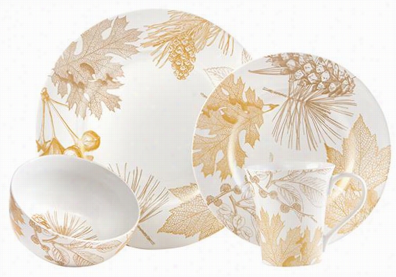 Golden Foliage 16-piece Dinnerware Set - 16-piece Set, Gold/white