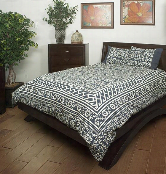 Greek Key 3-piece Comforter Set - Queem, Steel Gray