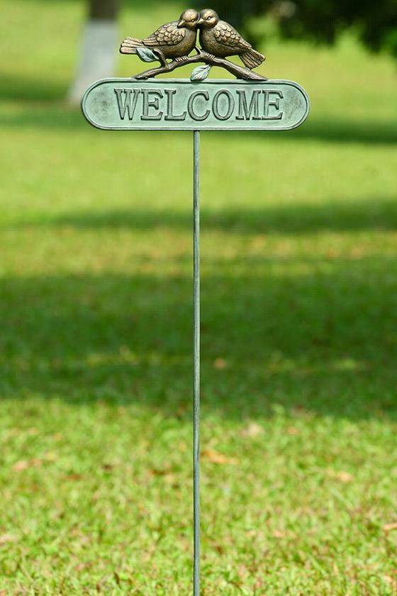 Lovebirds Welcome Sign Garden Stake - 52""hx15""wx1""d, Green