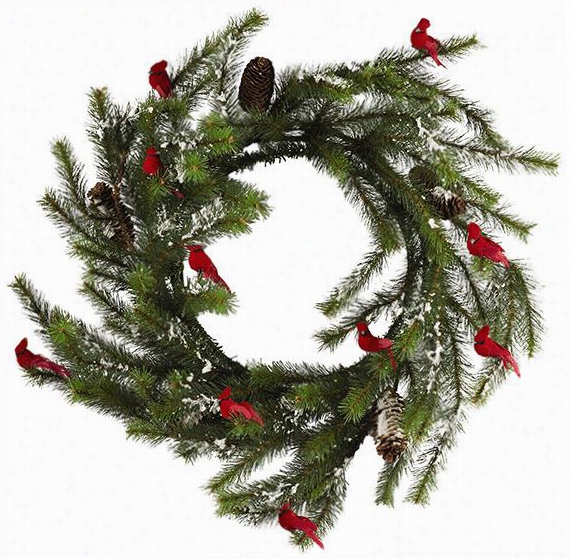 Martha Stewart Living Cardinal Snow  Pine Wreat H- 24""diameterx7&quof;"d, Olive Green