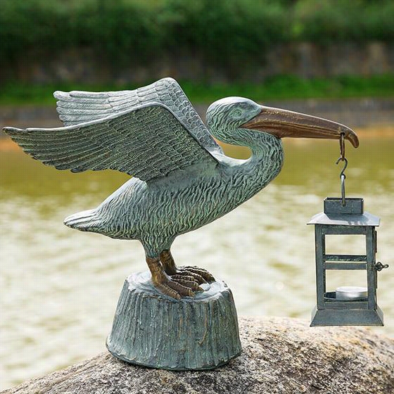Pelican Statue Wwith Lantern - 14.5""hx15"q&uot;wx7.5""d, Weathered Green