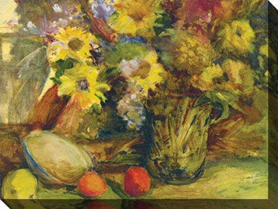 Still Life With Fruit And Daisies Canvas Wall Art - 48""hx36""w, Yellow