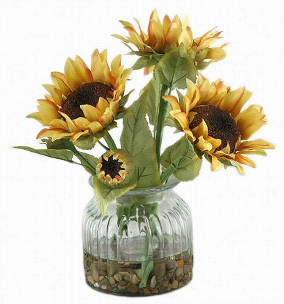 Sunflowers In Ribbed Vase - 12&qt;"hx12"&quto;diameter, Glass