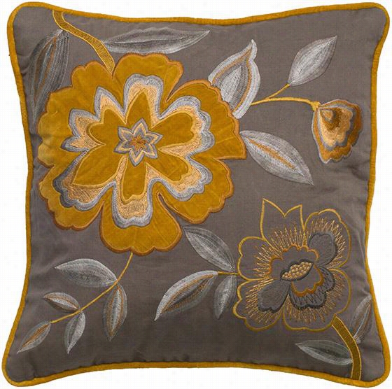 Flora Embroidered Pillow - 18""hx18""wx3"" ;d ,khaki/mustard