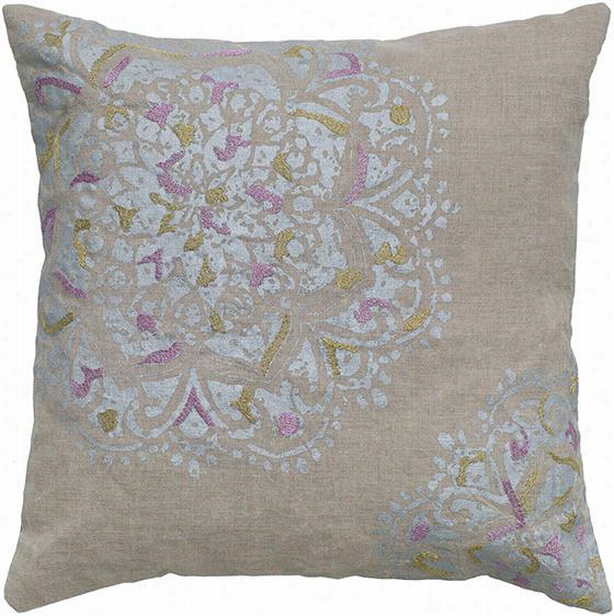 Indore Embroidered Metallic Pillow -- 18"&qotu;hx18&quo;"wx3""d, Natural/soft And Clear 