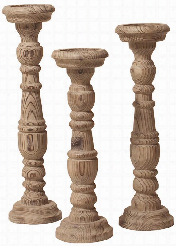 Natural Aged Wood Candle Holders - Set Of 3 - Set Of 3, Ivory