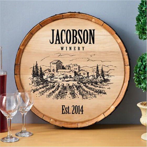 Personalized  Vineyard Wine Barrell Sign - 20""diameter3x""d, Brown Wood