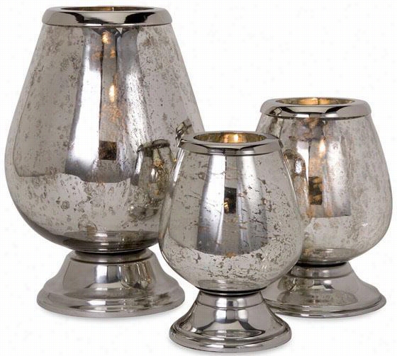 Round Mercury Glass Candlehol Ders - Set Of 3 - Se T, Sliver