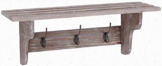 Three-hook  Wood Wall Shelf - 9hx 24w, Brown Wood