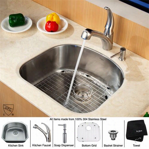 Kraus Kbu10-kpf211 0-sd20 23"" Undermount Single Bowl Stainless Steel Kitchen Sink Wih Kitchen Afuce Tand Soap Disepnser