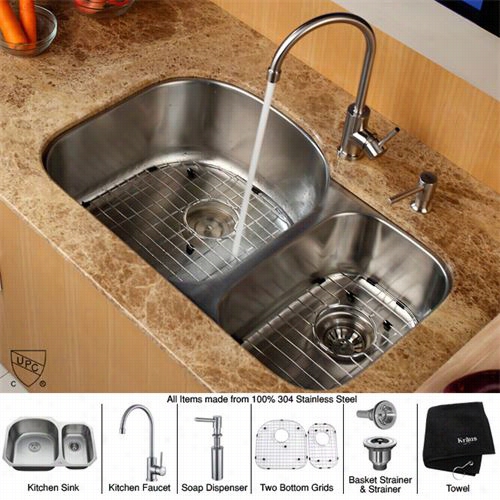 Kaus Kbu3-kpf2160-sd20 32"" Undermount Double Bowl Stainless Steel Kitchen Sink With Kitchen Faucet And Soap Dispenser