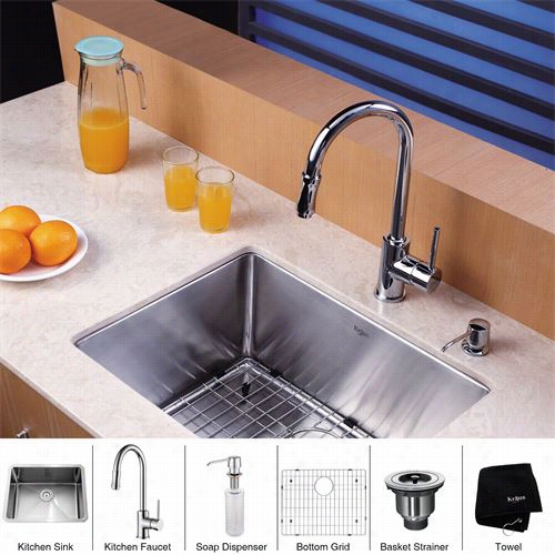 Kraus Khu101-23-kpf1622-ksd30 23"" Undermount Single Bowl Stainless Steel Kitchen Sink With Kitcchne Faucet And Soap Dispenser