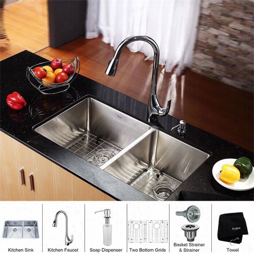 Kraus Khu103-33-kf1621-ksd30 33"" Undermount Double Bowl Stainless Stee Kitchen Sink Wih Kitchenfaucet And Soap Dispenser