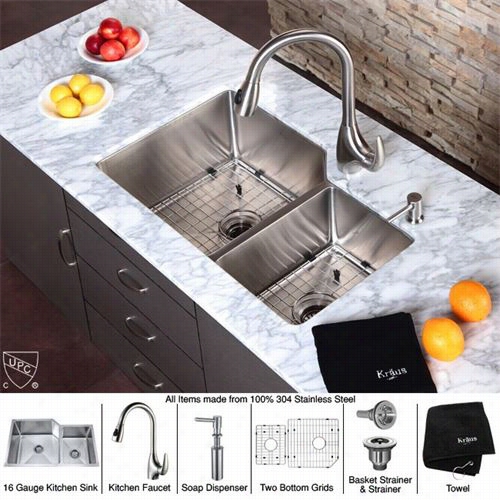 Kraus Khu123-32-kpf2170-s D20 32"" Underrmount Double Bowl Stainless Armor Sink With Kpf2170 Faucet