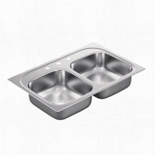 Moen G222173 2200 Series 33""l X 22""w X 6-1/2""d 3 Holes Drop In Double Baain Kitchen Sink With Center Drain