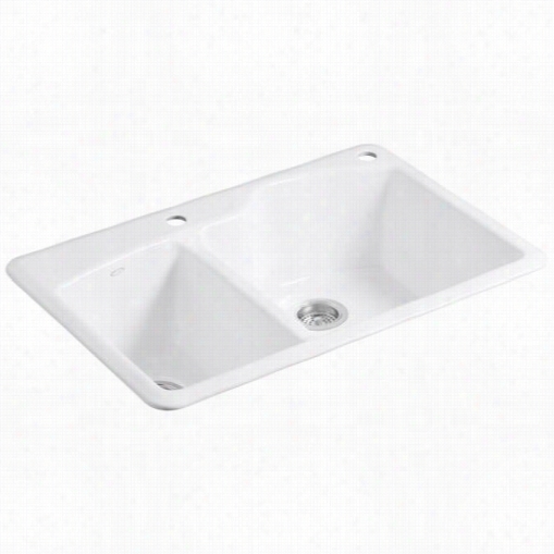 Kohler K-5870-2 Wheatland Cas T Iron33"&quott; Self Rimmihg Rectanyular Double Larvemedium Basin Kitchen Sink With 2 Hole 4&quo;" Centerset Faucet Drilling