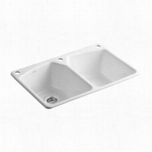 Kohler K-6491--3 Tanager Cast Iron 33"" Self Rimming Rectangular D Ouble Equal Basin Kitchen Snk With Single Faucet Hole And 2  Accesory Hole