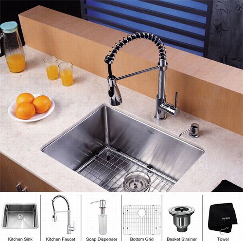 Kraus Khu101-23-kpf1611-ksd30 23"" Undermount Single Bowl Srainless Steel Kitchen Sink With Kitchen Faucuet And Soap Diepenser