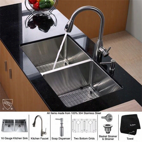 Kraus Khu102-33-kpf2130-sd20 33"" Undermount Double Bowl Staiinless Stteel Kitchen Sink With Kitchen Faucet And Soap Disenser