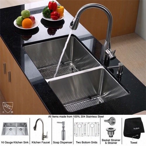 Kraus Khu103-33 -kpf2130-sd20 33"" Undermount Double Bowl Spotless Steel Kitchen Sink With Kitchen Faucet And Soap Dispenser