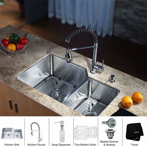 Kraus Khu123-32-kpf1612-ksd30  32&qot;" Undermount Double Bowl Stainless Steel Kitchen Sink With Kitchen Faucet And Soa P  Dispenser