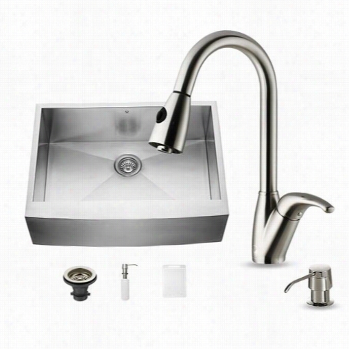 Vigo Vg15001 Farmhouse Kitchen Sink, Faucett And Dispenser In Stainless Steel With 15-7/8""h Spout