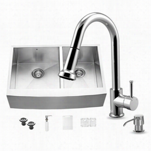 Vigo Vg15132 All In One 33"" Farmhouse Stainless Steel Double Bowl Kitchen Sink And Vg02002ch Chrome Faucet Set