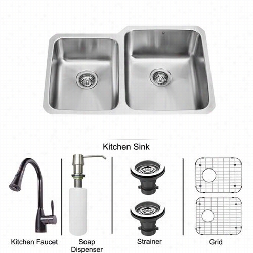 Vigo  Vg15380 32&uot;" Undermount 18 Gauge Double Bowl Kichen Sink An Aylesbury Antique Rubbed Bronze Pull Down Spray Kitchen Faucet