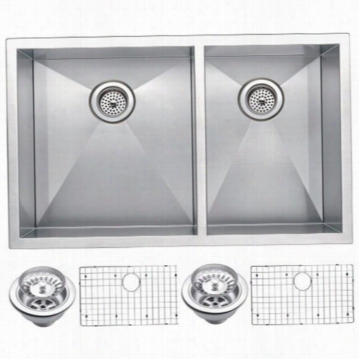 Water Creation Ssssg-u-3320a 33"" X 20"&qyot; Zero Radius 60/40 Double Bowl Stainless Steel Hand Made Undermount Kitchheb Sink With Drains, Strainers, And Bottom Grids