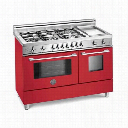 Bertazzoni Pro486gdfsro Pro 48"" Dual Fu E L Self Clean Range In Rosso Red With  6 Brass Burners And Griddle