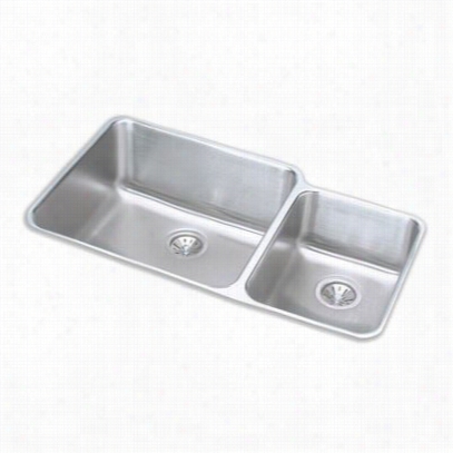 Elkay E Luh3520 Rdbg Ustertone 35-1/4"" Underrmount Double Bowl Sttainless Steel Sink Package Small Obwl On Rig Ht