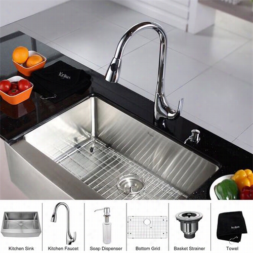 Kraus Kkhf200-30-kpf1621-ksd30 30"" Farmhouse Sing Le Bowl Stainless Steel Kitchen Sink With Kitchen Faucet And Soap Distributer