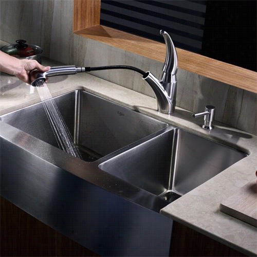 Kraus Khf203-33-kpf2110-sd200 33"" Farmhouse Double Bowl Stainless Steel Kitchens Ink With Kitchen Faucet And Soap Dispenser