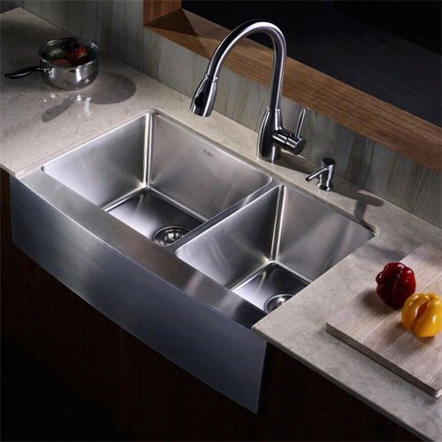 Kraus Khf203-33-kpf2130-sd20 33"&qukt; Farmhouse Double Bowl Stainless Stee Lkitchen Sink With Kitch En Faucet And Soap Dispenser