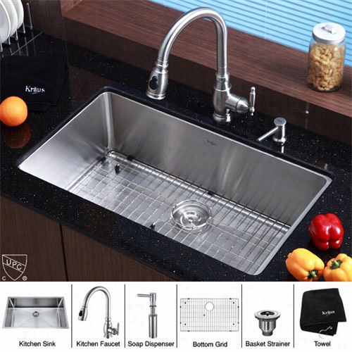 Kraus Khu100-32-kpf21500-sd20 32"" Undrmount Single Bowl Stainlss Steel Sink Witth Kpf2150 Faucet