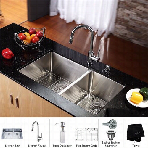 Kraus Khu103-33-kpf1622-ksd30 33"" Undermount Trick Bowl Stainless Steel Kitchen Sink  Wth Kitchen Faucet And Soap Dispenser