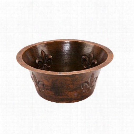 Premier Copper Br16fdb2 16"" Round Copper Bar Sink In Oil Rubb Ed Bronze With Fleur De Lis And 2"" Drain