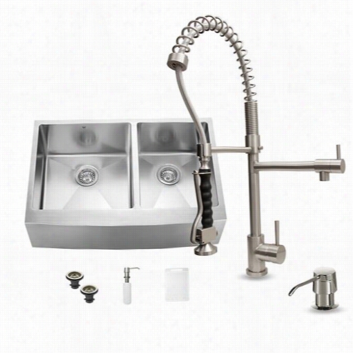 Vigo Vg15092 Farmhouse Stainless Steel Kitchen Sink With Faucet, Two Strainers And Dispenser