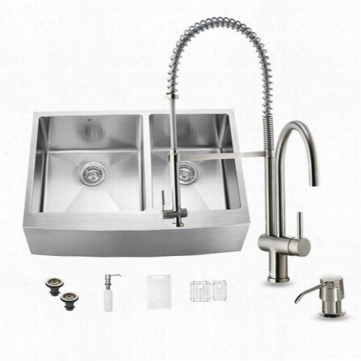 Vigo Vg15211 All In One 33"" ;unsullied Steel Doublee Bowl Kitchen Sink And Vg02006 Stainless Steel Faucet Set