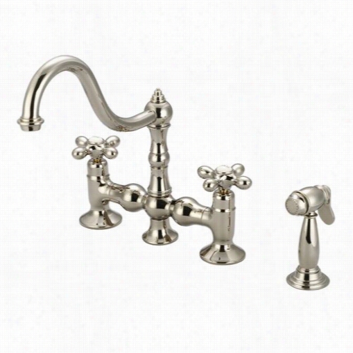 Water Invention F5-001005 Bridge Style Kitchen Faucet With Real Brass Side Spray To Match In Polished Nickel