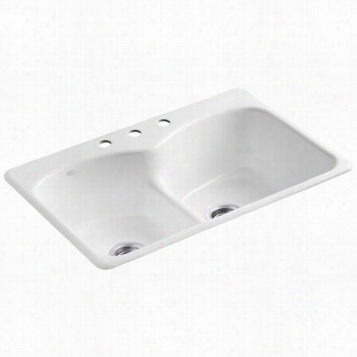 Kohler K-6626-3 Angkade Cast Iron 33 "" Self Rimming Rectangular Smart Divide Lowered Divider Double Equal Basin Kitchen Sink With 3 Hole 8"" Widespread Faucst