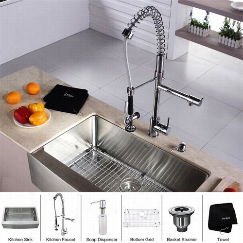 Kraus Khf200-33-kpf16002-ksd30 33"" Farmhouse Single Bowl Stainl Ess Steel Kitchen Drain With Kitchen Faucet And Soap Dispen Ser