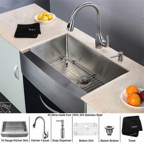 Kraus Khf200-33-kpf2170-sd20 33"" Farmhouse Single Bowl Stainless Steel Sink With Kpf2170 Faucet