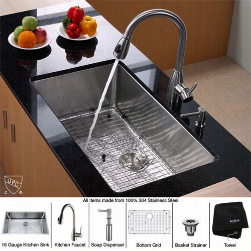 Kraus Khu100-32-kpf2310-sd20 32"" Undermount Single Bowl Spotless Steel Kitchen Sink With Kitche Nfaucet And Soap Dispenser